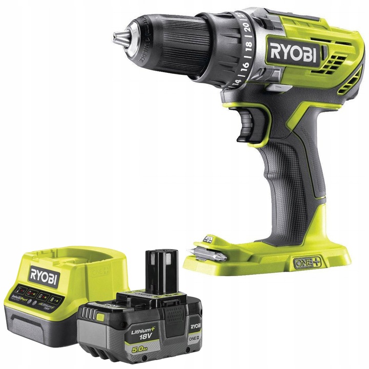 Акумулаторна бормашина Ryobi R18DD3-0, 18V, 2 скорости, с батерия 18V 5,0Ah и зарядно устройство RC18120-150