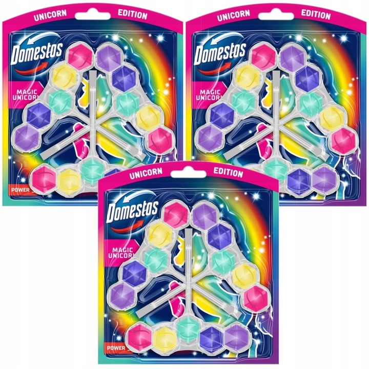 Cub de toaleta Domestos Power 5 Magic Unicorn, set 3x50g, curatare, prevenire depuneri, colorata