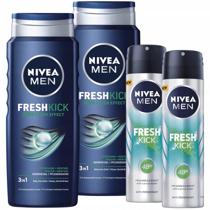 NIVEA Fresh Kick tusfürdő gél, 4 darabos szett, 2x500ml gél, 2x150ml izzadásgátló