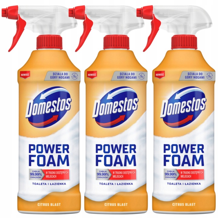 Set 3 x Solutii de curatare Domestos Power Foam 435 ml, Citrus Blast, pentru toaleta si baie