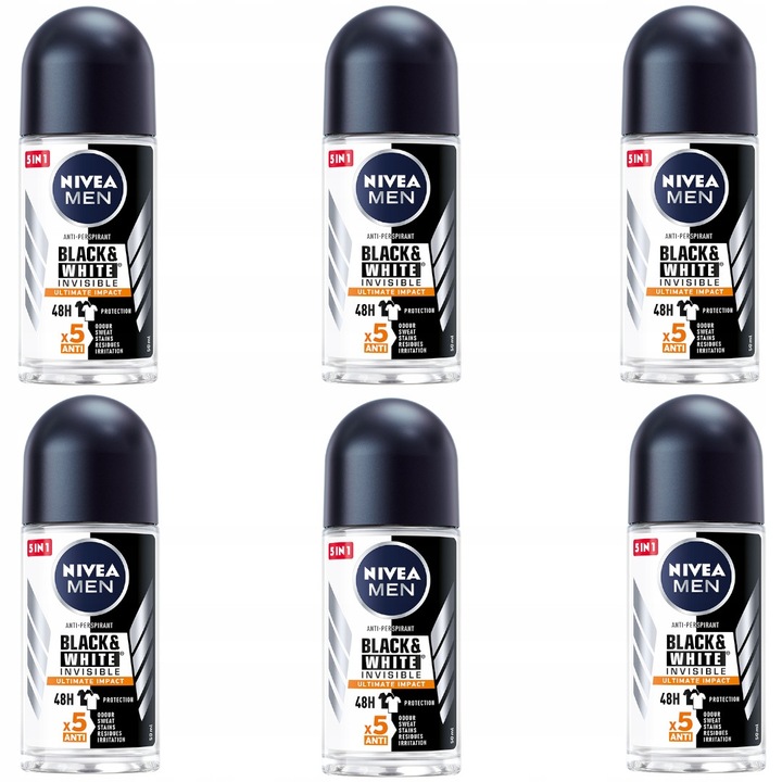 NIVEA Men Black & White Invisible Ultimate Impact izzadásgátló szett, 6 x 50 ml, 48 órás védelem, fehér és sárga foltok nélkül