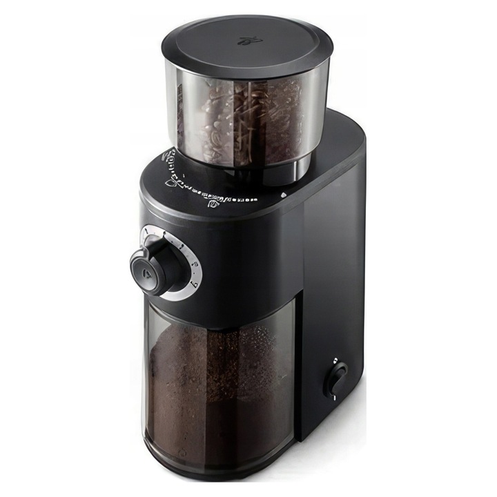 Mlynek electric pentru cafea Tchibo, 160W, 26 trepte de macinare, argintiu-negru, 10x28,5x17cm