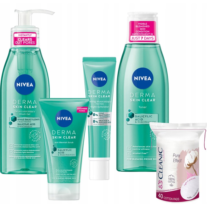 NIVEA Derma Skin Clear szett arcra és testre, 4 termék, 150ml, 40ml, 200ml, 40 kozmetikai korong