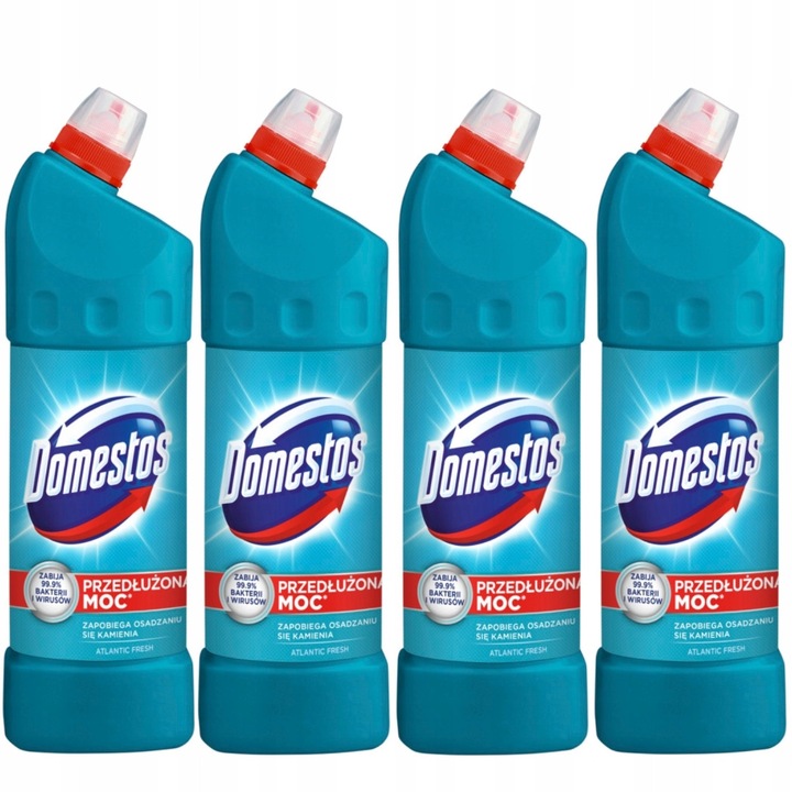 Set 4 x Dezinfectant Toaleta Domestos Atlantic Fresh 1000 ml, 99,9% bacterii eliminate, curatare eficienta, prevenire depuneri calcar, lichid