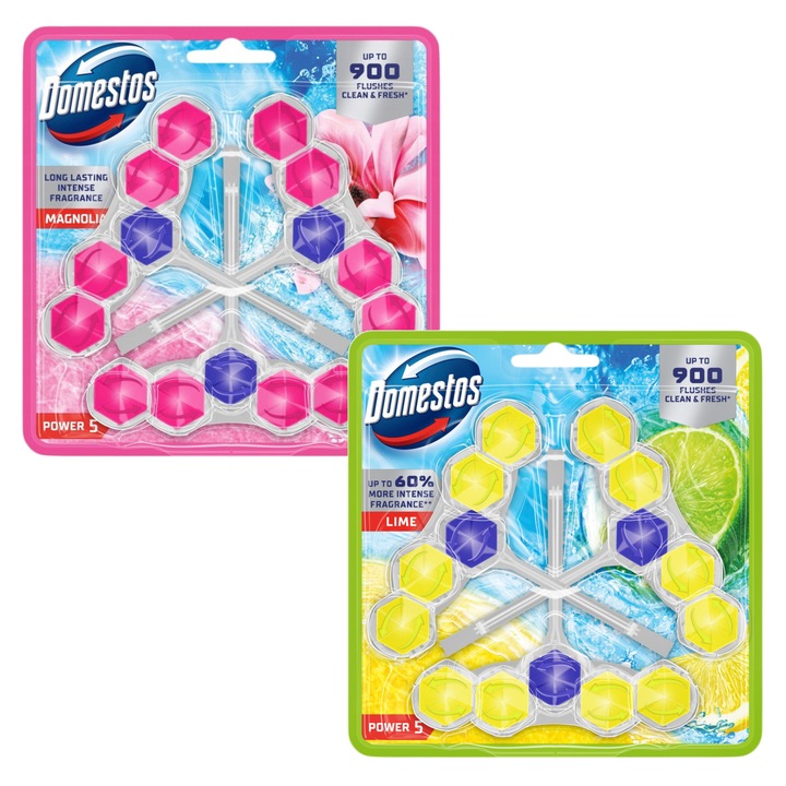 Комплект ароматизатори за тоалетна Domestos Power 5, лайм и магнолия, 6 x 50гр