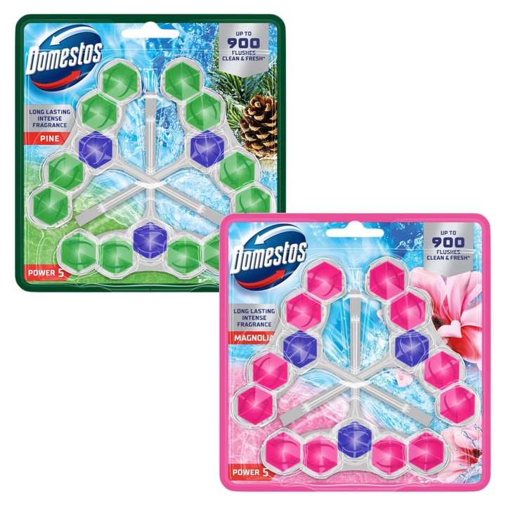 Комплект тоалетни блокчета Domestos Power 5 Magnolia и Pine 3 x 50g, многоцветен