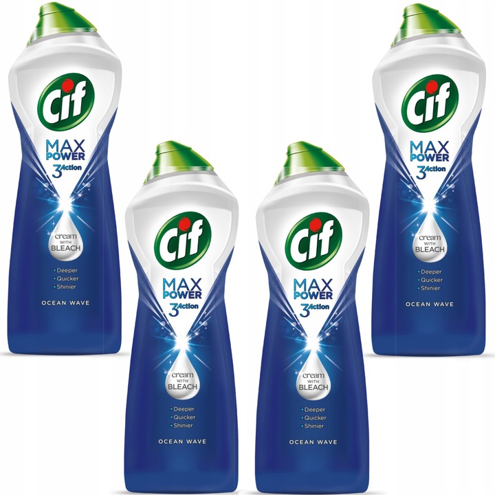 Cif Max Power de curatare Ocean Wave 650ml, set 4 bucati, pentru suprafete clare, cu active de clor, fara zgarieturi