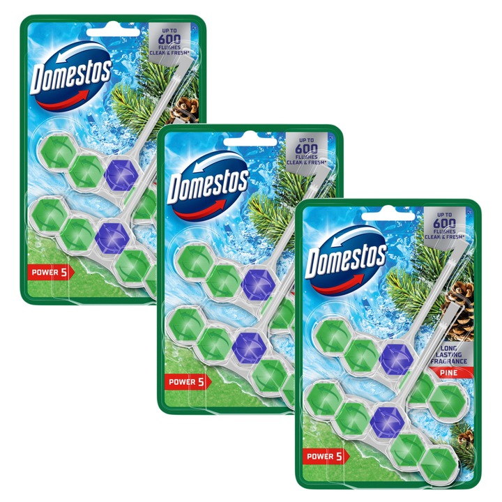Комплект 3x тоалетна блокче Domestos Power 5 Pine 2x50g, освежител за тоалетна, зелен