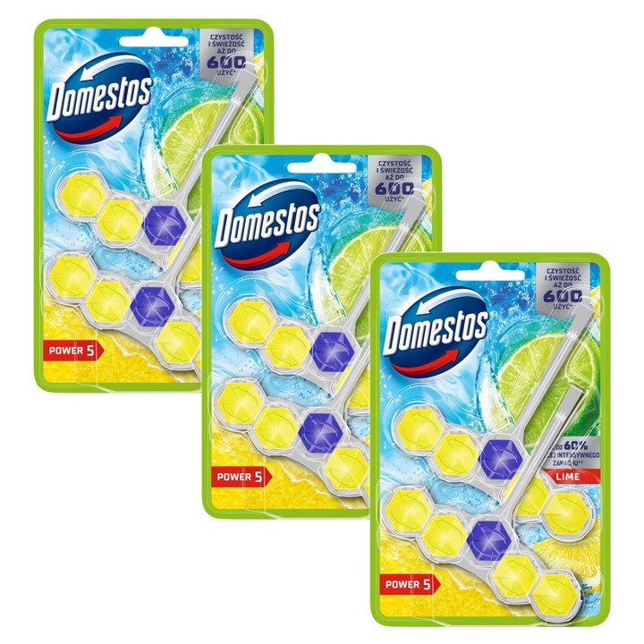 Комплект 3x тоалетна блокче Domestos Power 5 Lime 2x50g, освежител за тоалетна, зелен