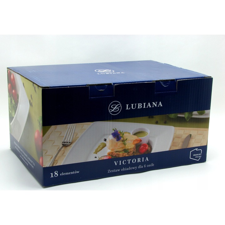 18 részes tányérkészlet, Lubiana Victoria, 6 személyes, fehér porcelán, négyzet alakú