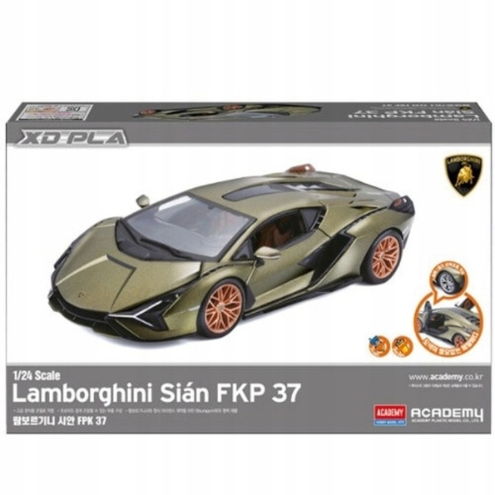 Model auto Lamborghini Sian FKP 37 1:24 Academy, metal si plastic, set de asamblare, cu suport de prezentare