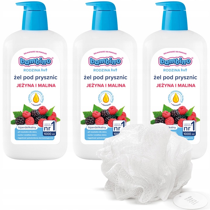 Gel de dus Bambino set 3 x 1000 ml, parfum zmeura si mure, formula delicata, 100% vegan