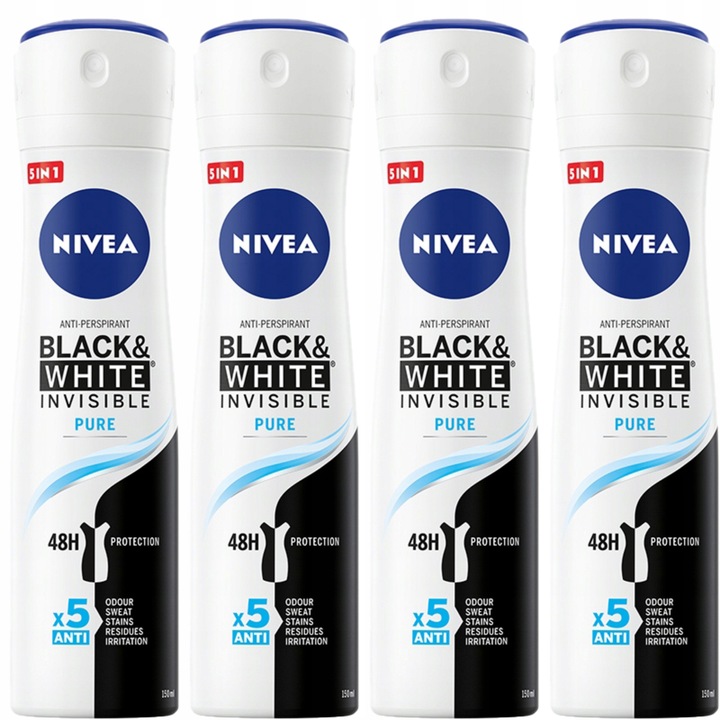 Set 4 x Antiperspirant spray NIVEA Black & White Invisible Pure 150 ml, protectie 72h, fara urme albe si pete galbene
