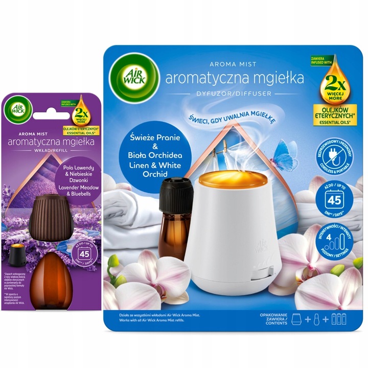 Set Odorizant Camera Air Wick, Aromatica, Fresh Laundry & Orchida Alba + Refill, 20ml, 2x Uleiuri Esentiale, Lavanda & Clopotei Albastre