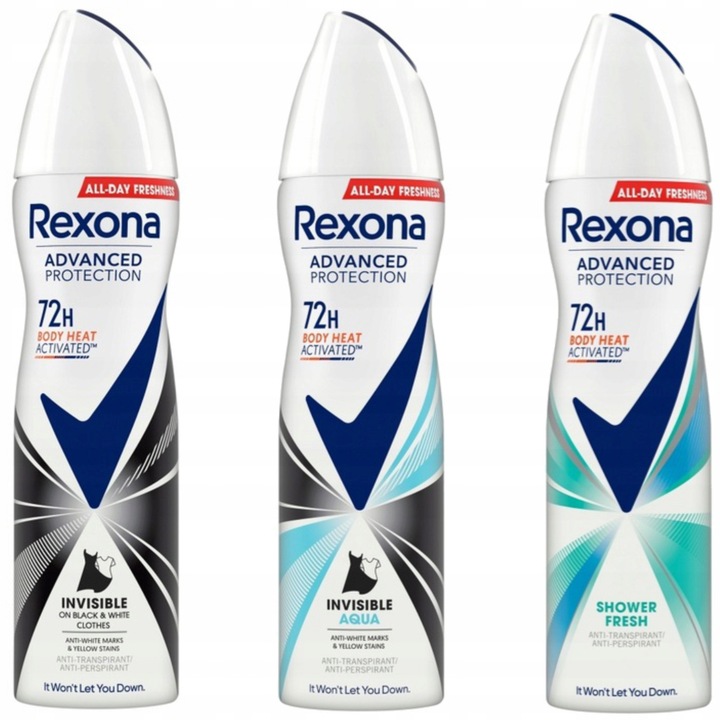 Комплект спрей антиперспиранти Rexona Advanced Protection 3x150ml, Invisible Black&White, Invisible Aqua, Shower Fresh