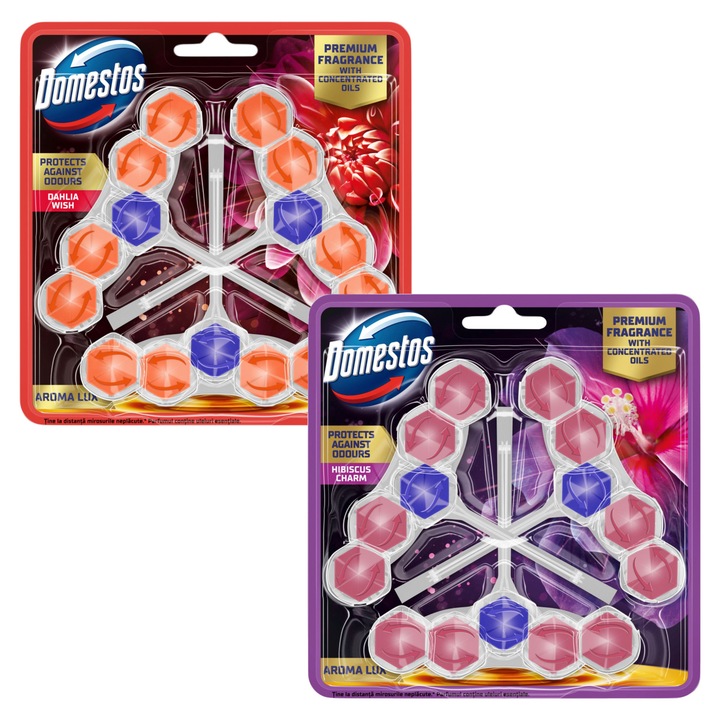Комплект ароматизатори за тоалетна Domestos Aroma Lux, Далия и Хибискус, 6x50гр