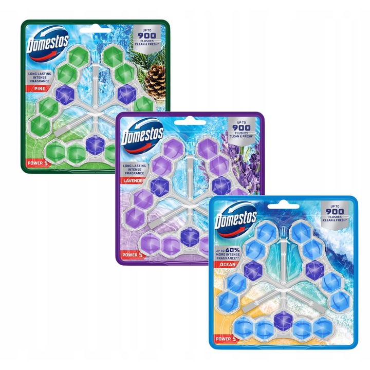 Комплект тоалетни блокчета Domestos Power 5, бор, лавандула, океан, 3 x 50гр