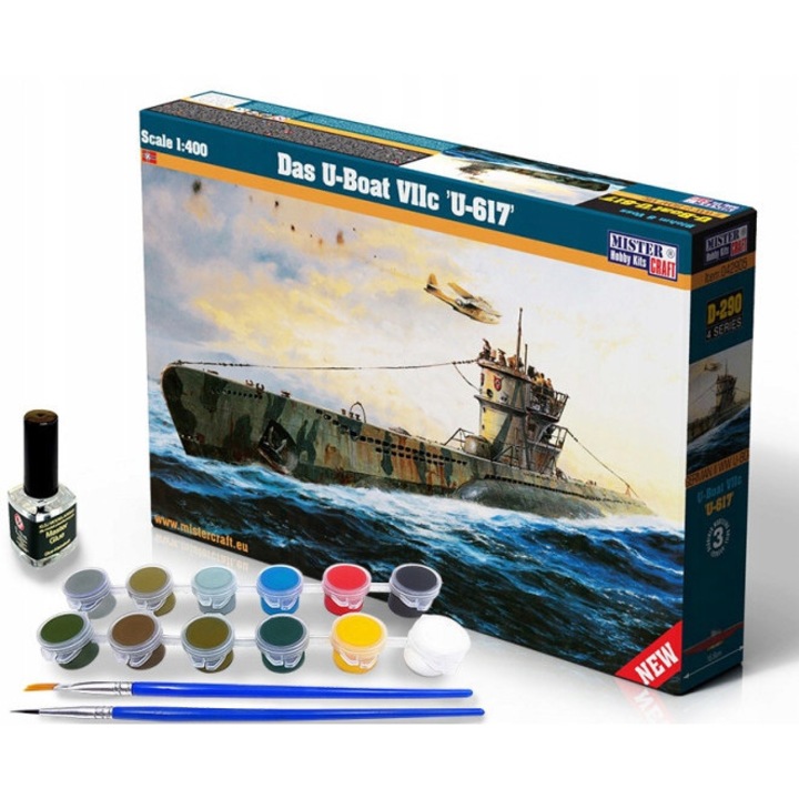Model navomodel U-Boot VIIC U-617, Mister Craft, 1:400, set cu farburi, 2 pensule, 168x15,5mm