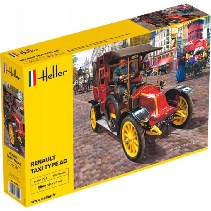 Set model plastic Renault Taxi Type AG 1:24, Heller, 15,6x6,5cm, include vopsele si lipici