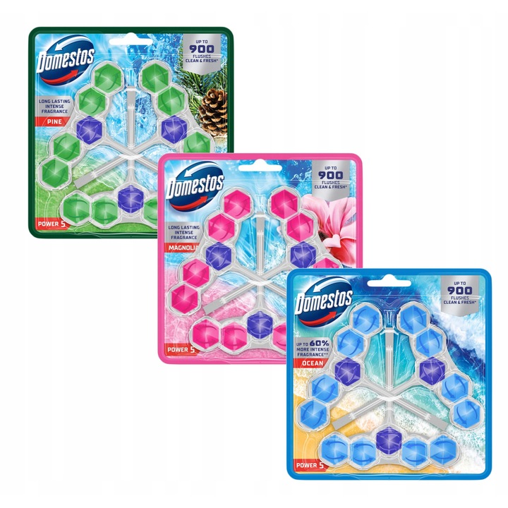 Комплект тоалетни блокчета Domestos Power 5, бор, океан, магнолия, 3 x 50 г