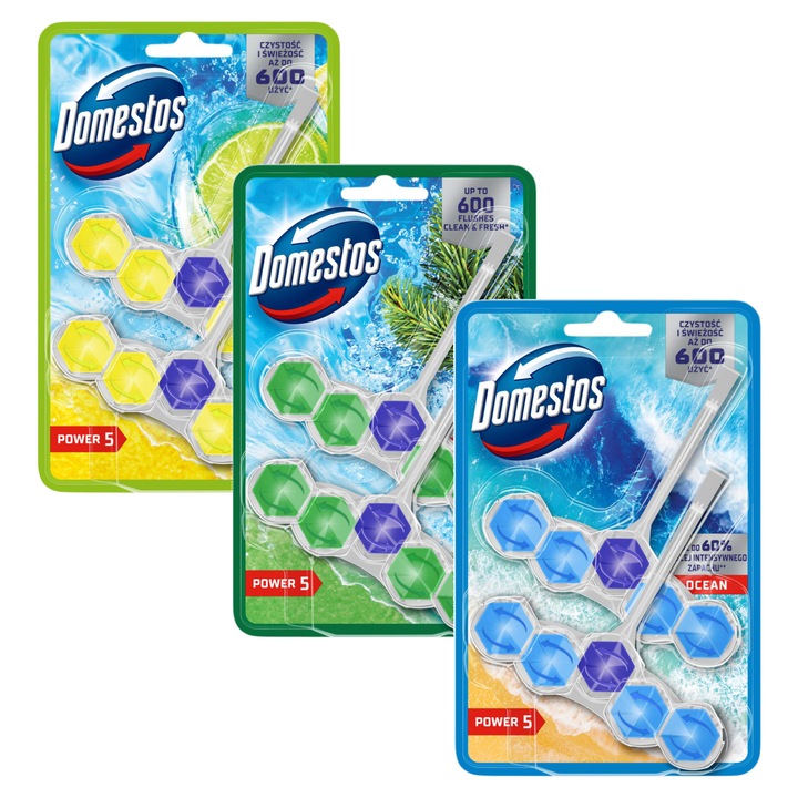 Комплект тоалетни блокчета Domestos Power 5, лайм, бор, океан, 6x50гр