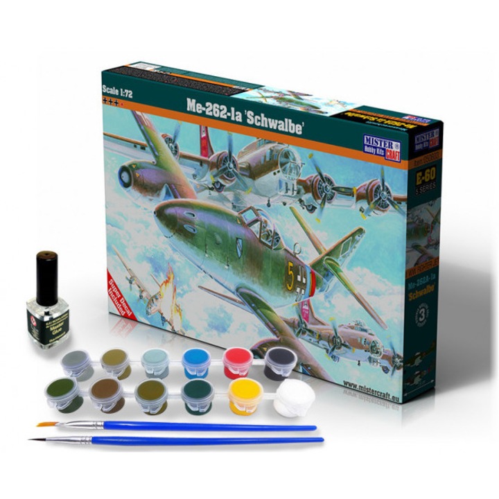Me-262-1A Schwalbe 1:72 repülőgép modell kezdő szett, Mister Craft, festékekkel, ragasztóval és 2 ecsettel