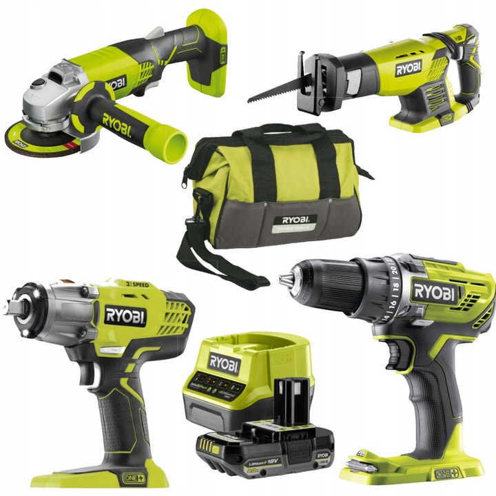 Комплект от 4 електрически инструмента Ryobi 18V ONE+ чанта + зарядно устройство с 2Ah батерия