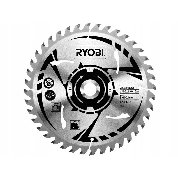 Disc pentru ferastrau circular Ryobi CSB165A1, 165 x 1,6 x 16 mm, 40 dinti, varf din carbura (HW), pentru lemn, argintiu, 1 buc