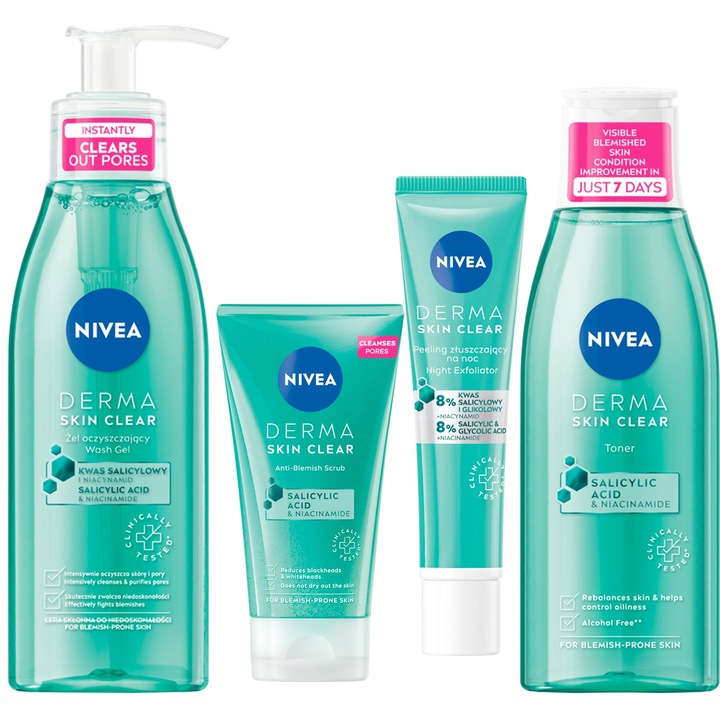Комплект NIVEA Derma Skin Clear за почистване на лице, 150мл пилинг, 40мл ексфолиращ пилинг, 150мл почистващ гел, 200мл тоник