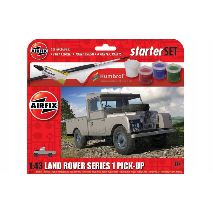 Set model plastic de asamblare Land Rover Pick-Up 1:43, 39x102mm, 4 culori vopsele, adeziv, pensula