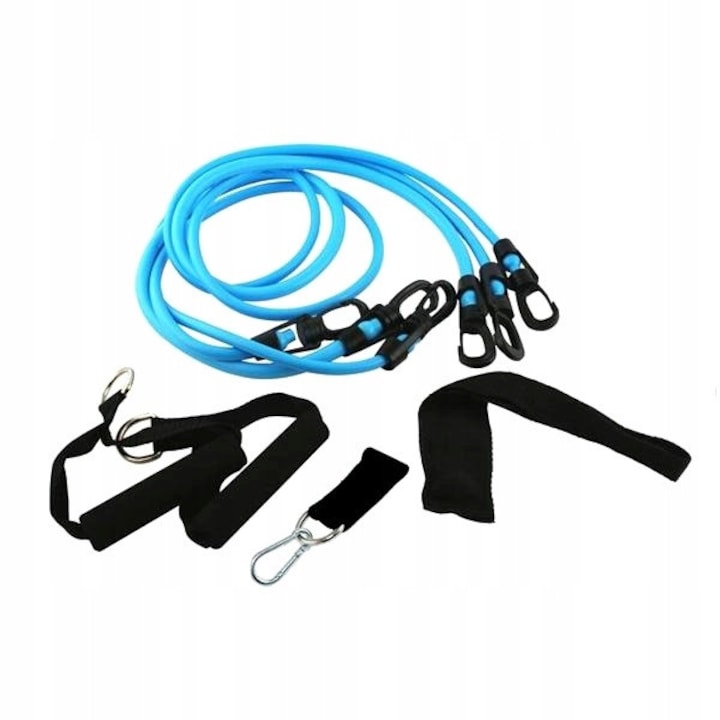 Set exercitii cu benzi elastice HMS, 3 benzi de diferite rezistente, 2 manere, 1 prindere pentru glezna, 1 prindere pentru usa