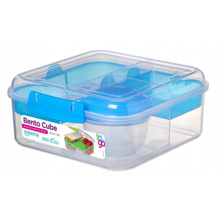 Кутия за храна Bento Box 1.25L, Sistema, 5 отделения, виолетов цвят, с контейнер за кисело мляко