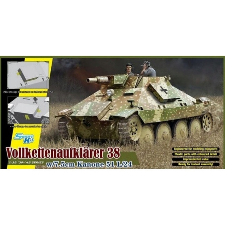 Dragon 1/35 Vollkettenaufklaerer 38 7.5cm Kanone 51 L/24 katonai makett, összeépítő készlet, festékek és ragasztó nélkül