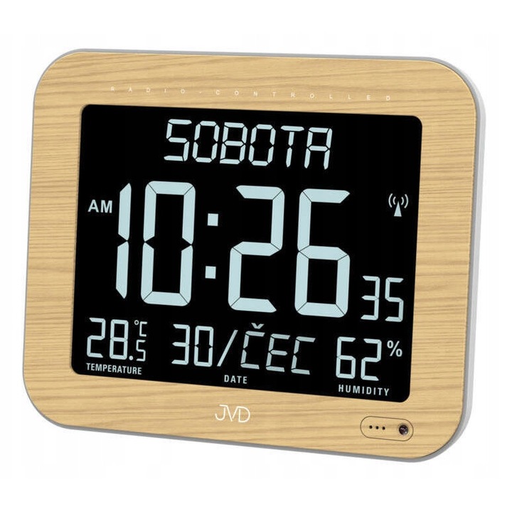 Ceas de perete JVD DH9362.2, termometru, higrometru, culoare imitatie lemn, 22,2x18x2,6cm