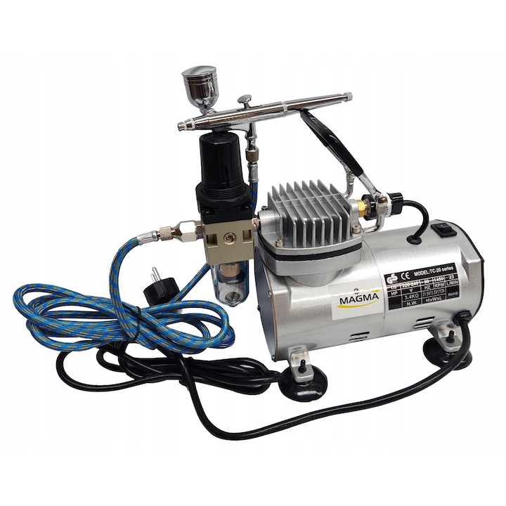 TC-20C airbrush kompresszor készlet, Magma, 3 fúvóka 0,2x0,3x0,5, 24,5x13,5x17cm, 1,8m tömlő
