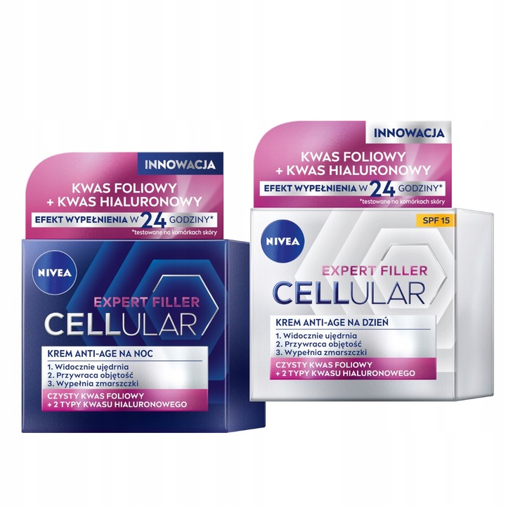 Комплект крем против стареене NIVEA Cellular Expert Filler ден и нощ, по 50мл всеки, с хиалуронова киселина и колаген, за интензивна хидратация