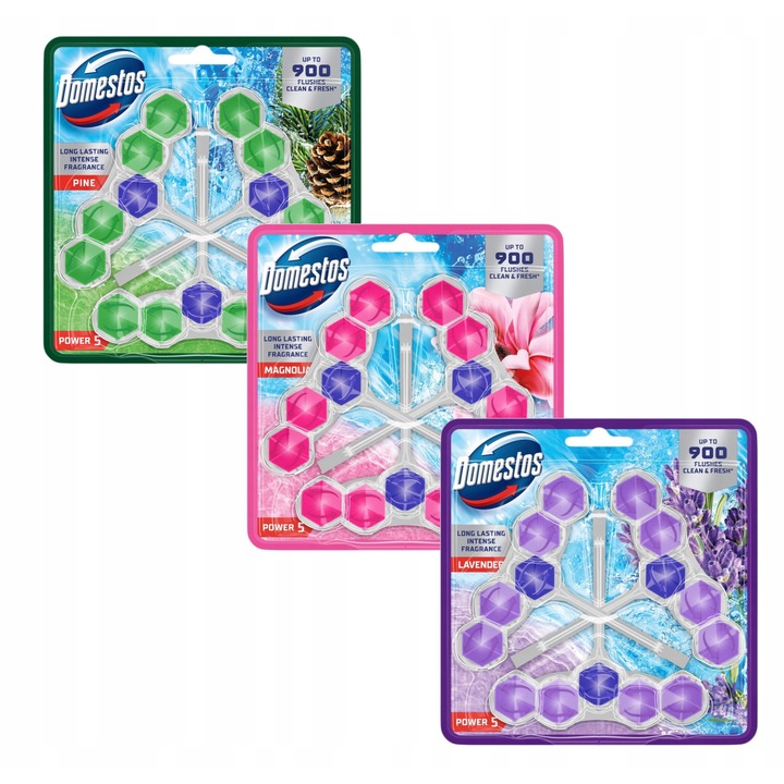 Комплект тоалетни блокчета Domestos Power 5, Бор, Лавандула, Магнолия, 3 x 50гр