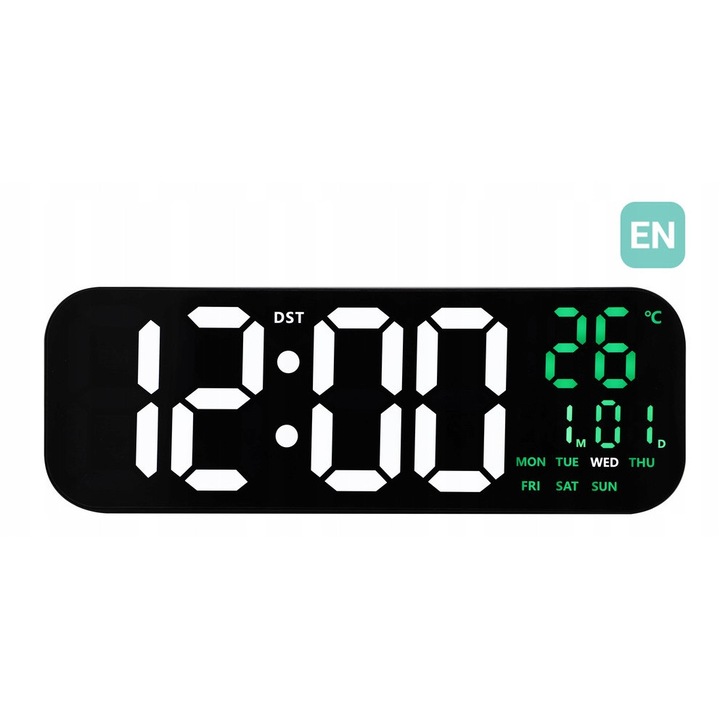 Ceas decorativ JVD, LED, negru, 46x16x3cm, cu telecomanda, 12/24 ore, 2 alarme, data si temperatura