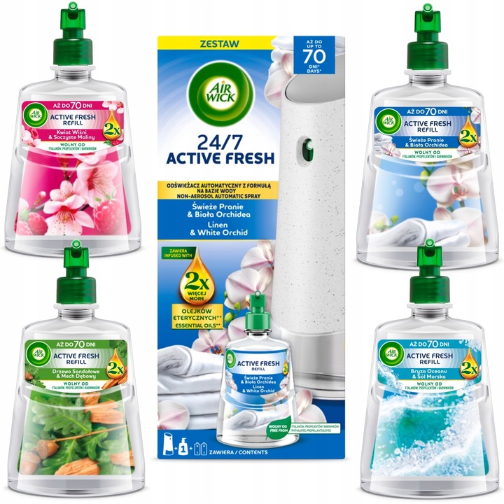 Освежител за въздух Air Wick Active Fresh, комплект 228 мл + 4 пълнителя, аромат на свежо пране и бяла орхидея