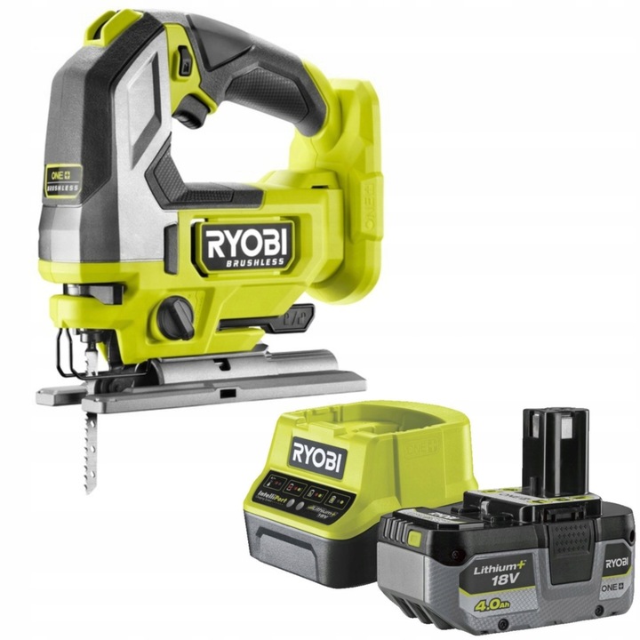 Fierastrau electric fara perii Ryobi 18V RJS18BL-0, acumulator 4.0Ah si incarcator, dimensiuni 23,4x8,1x20,5cm