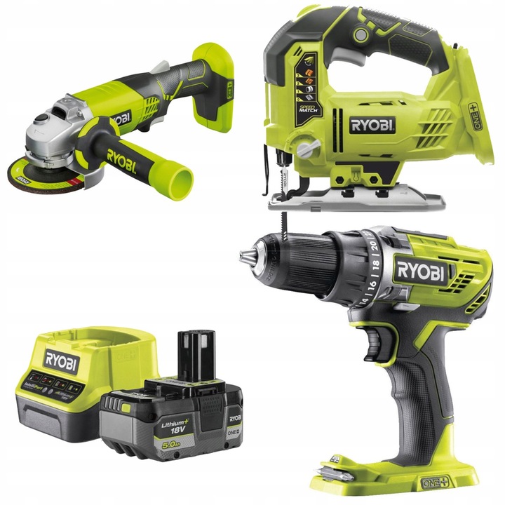 Комплект инструменти Ryobi 18V ONE, бормашина, ъглошлайф, обков, + батерия 5.0Ah и зарядно устройство