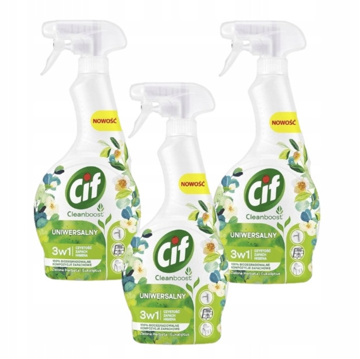 Cif 3 az 1-ben univerzális spray, 3 x 500 ml-es szett, zöld tea és eukaliptusz
