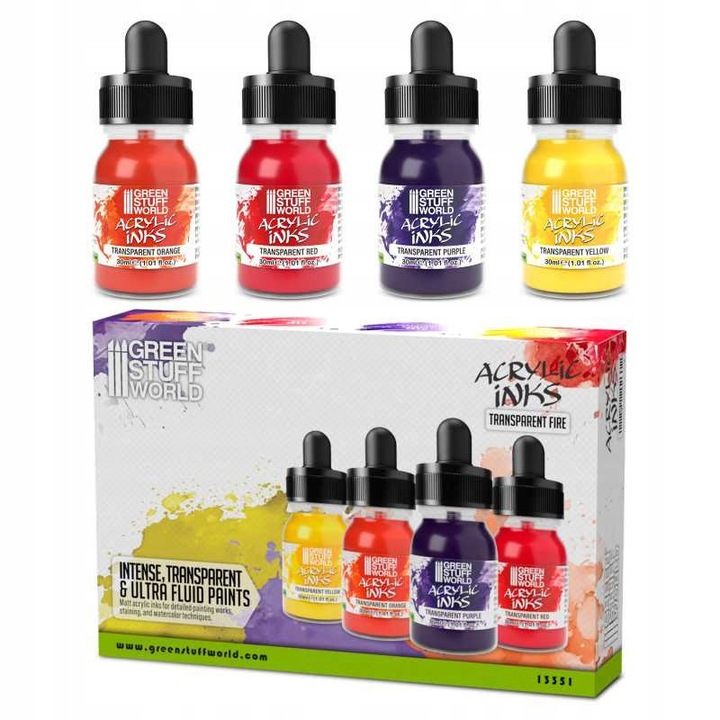 Green Stuff World átlátszó akril tus készlet, 4 szín, 30ml, matt felület