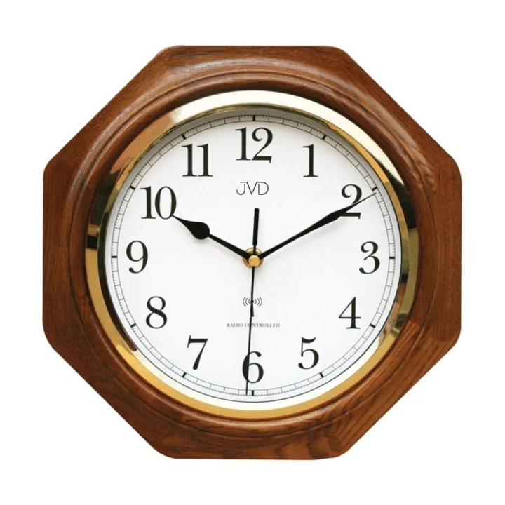 Ceas de perete JVD NR7172.1, din lemn, culoare brown, diametru 28cm, mecanism cu cuart, radio controlat