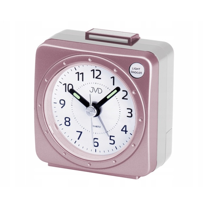 Ceas desteptator JVD SR220.6, roz, mecanism cu cuart, dimensiuni 56x56x28mm, functie de snooze