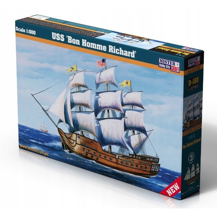 Set model de asamblare USS Bon Homme Richard 1:500, Mister Craft, 37 elemente, 15x12,3cm, cu 12 culori acrilice, 2 pensule, lipici.