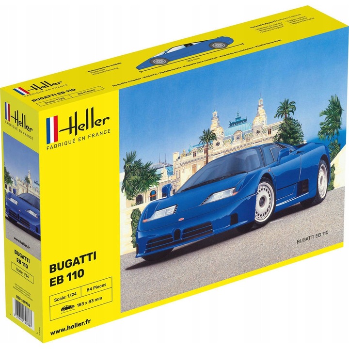 Model de masina Bugatti EB110, Heller, 1:24, 84 piese, 183x75mm, model de asamblare