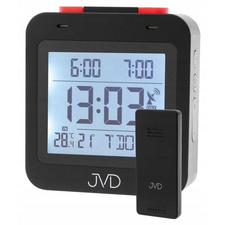 JVD RB3552.2 ébresztőóra hőmérővel, 2 riasztással, külső érzékelővel, fekete, teljes készlet