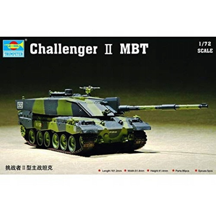 Challenger II MBT műanyag modell 1:72, Trumpeter, 16,2x5,2cm, több mint 80 alkatrész, gumi lánctalpak