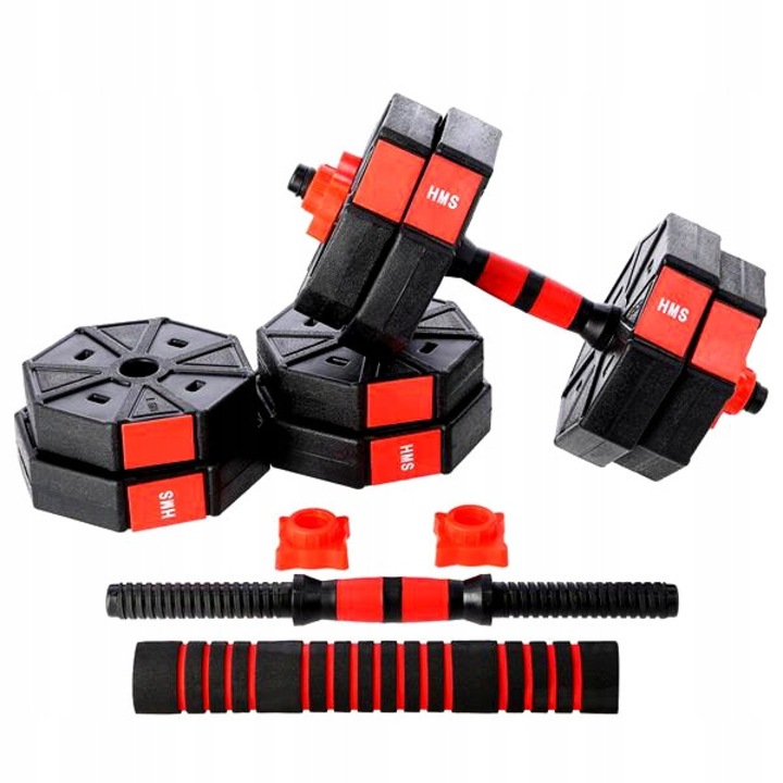 Set haltere compozit 15 kg, HMS, 2 haltere, 8 discuri, negru-rosu